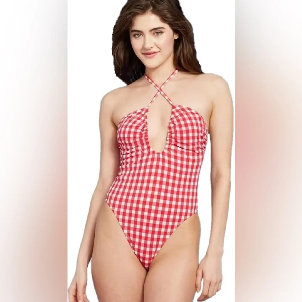 NWT Wild Fable Large 12-14 Red Gingham Keyhole Neck One Piece Swimsuit Cheeky